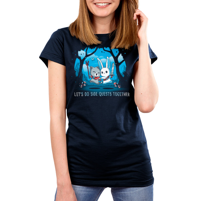 A navy blue women's t-shirt from TeeTurtle that says "Let’s Do Side Quests Together