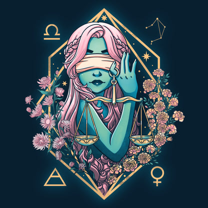 A TeeTurtle Libra Zodiac inspired t-shirt featuring the Goddess of Justice holding a scale and flowers.