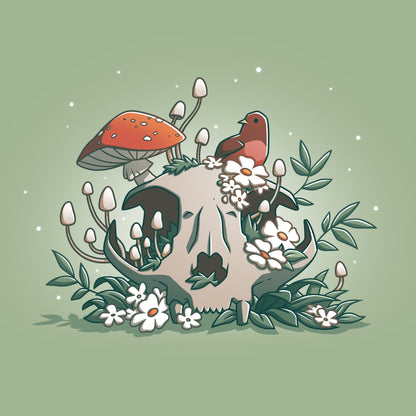 A unique illustration of a skull adorned with vibrant mushrooms and delicate flowers, perfect for a Life After Death T-shirt by TeeTurtle. Made with high-quality Super Soft Ringspun Cotton in a soothing Sage Green shade.