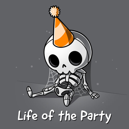A charcoal gray skeleton wearing a party hat epitomizing the 