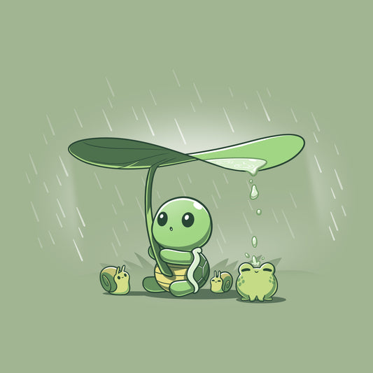 A sage green turtle sitting under a Little Critter Umbrella in the rain, depicted on a super soft ringspun cotton TeeTurtle T-shirt.