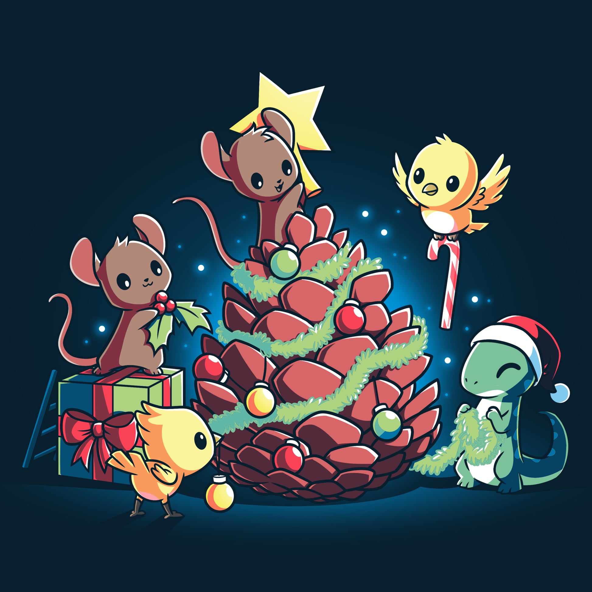 A fa la la-dorable Teddy Bear wearing a TeeTurtle sweater, surrounded by playful mice and standing next to a beautifully decorated Christmas tree showcasing the Little Critter's Christmas from TeeTurtle.