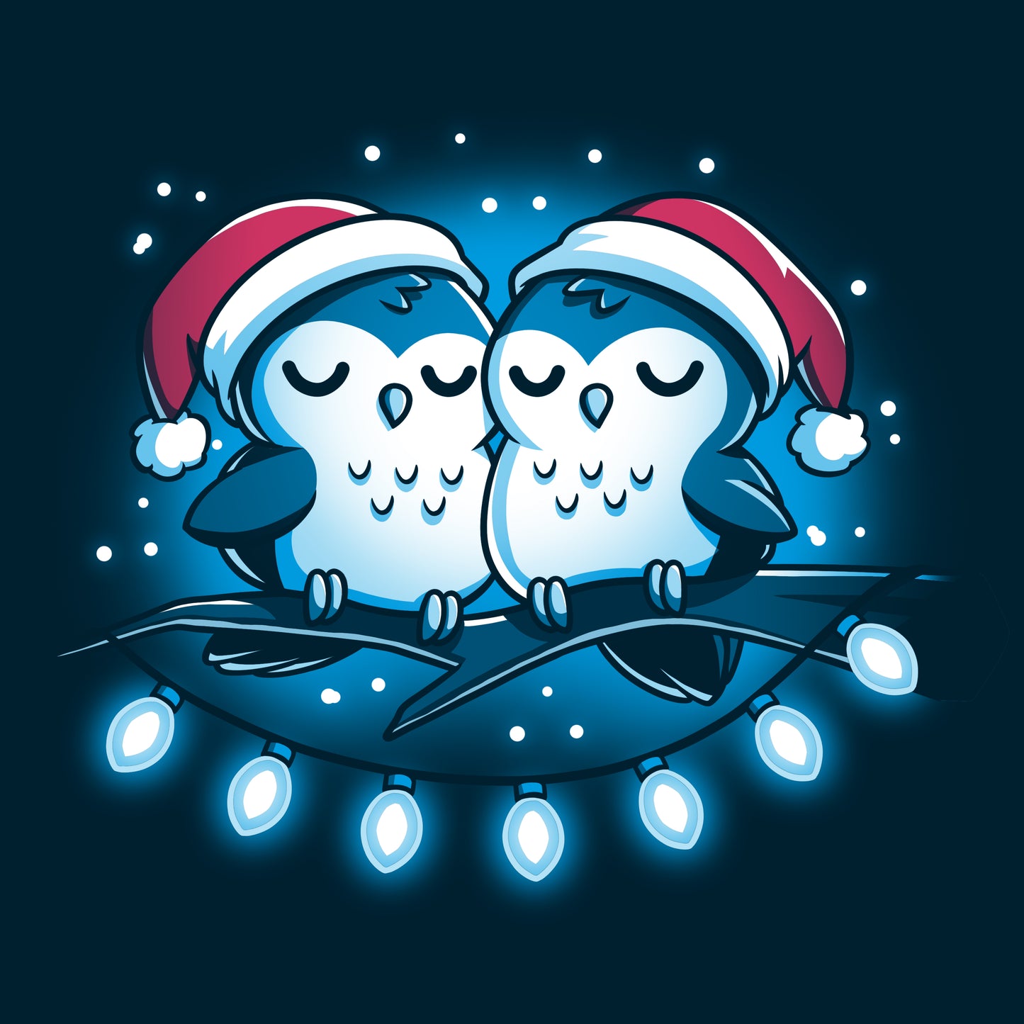 Two owls in Santa hats sitting on a branch, bringing Long Winter's Nap comfort on a TeeTurtle T-shirt.