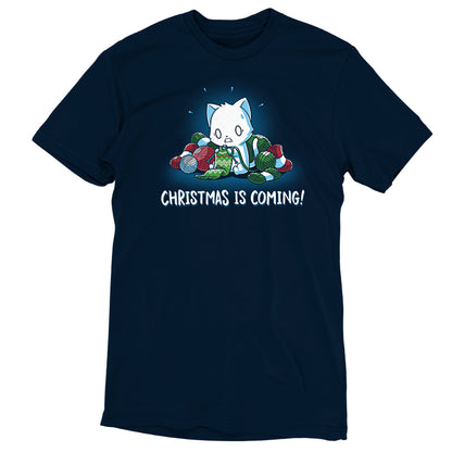 Navy blue Christmas themed unisex t-shirt called "Christmas is Coming!" by TeeTurtle.
