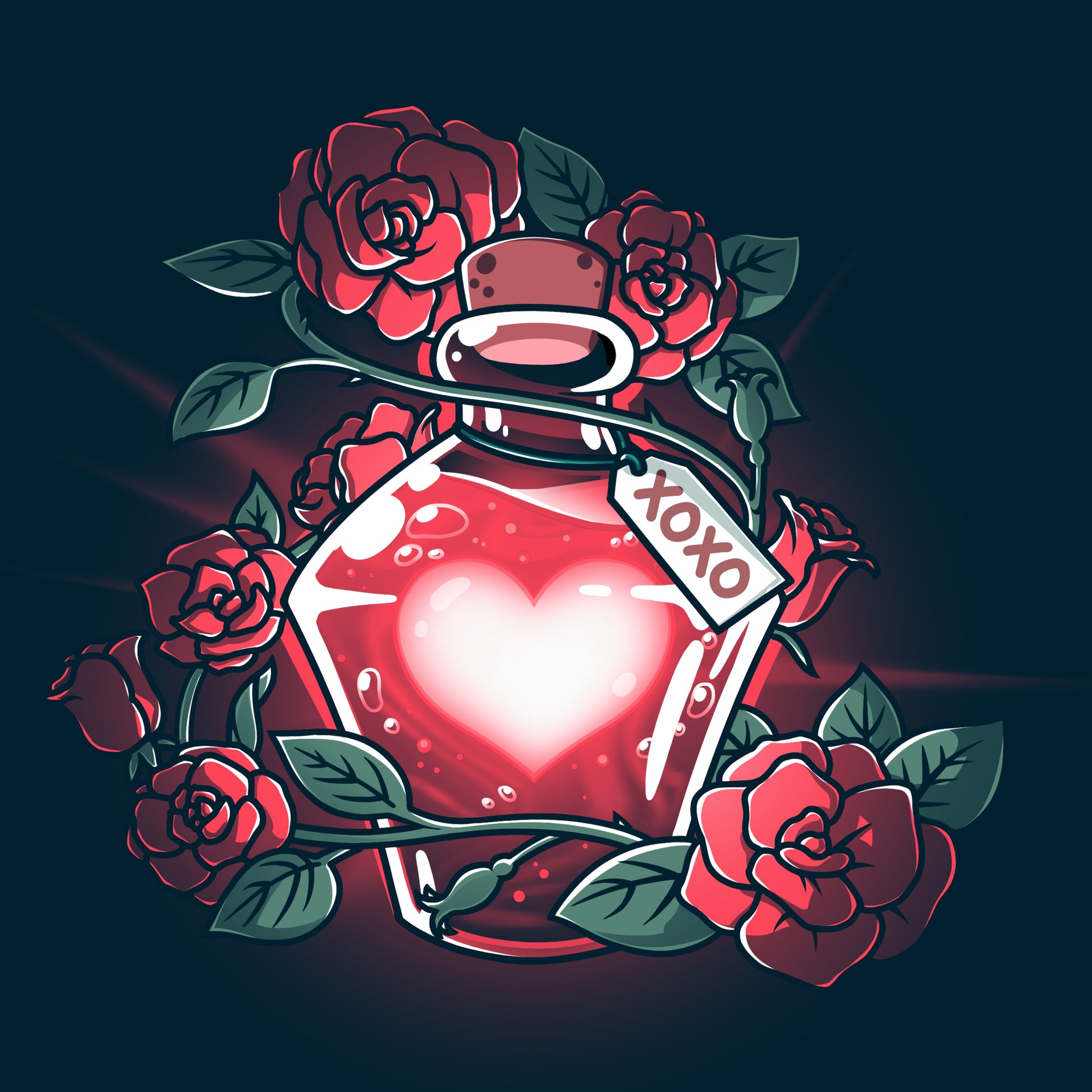 A navy blue Love Potion bottle with roses and a heart inside, made by TeeTurtle.