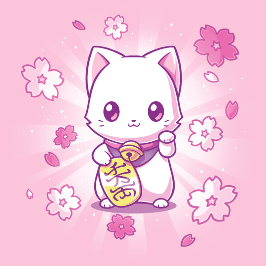 A TeeTurtle Lucky Sakura Kitty wearing a pink t-shirt, holding a gold coin in front of a pink background.