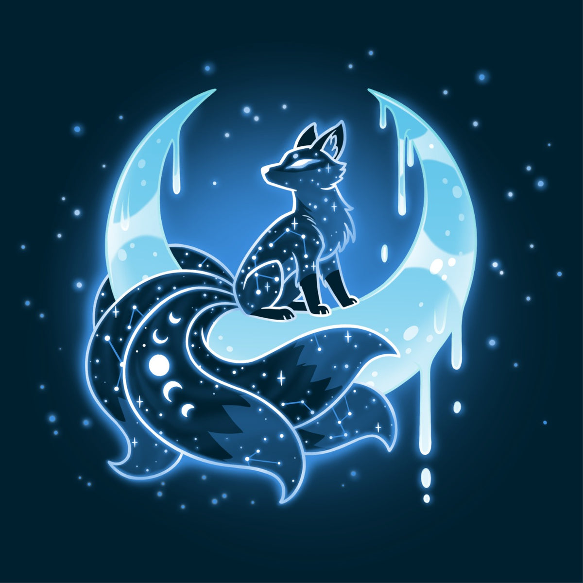 Women's Premium T-Shirt_TeeTurtle navy Lunar Kitsune Women's Premium T-Shirt featuring a glowing blue nine-tailed kitsune beneath a crescent moon, surrounded by stars and dripping moonlight.