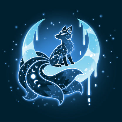 Women's Premium T-Shirt_TeeTurtle navy Lunar Kitsune Women's Premium T-Shirt featuring a glowing blue nine-tailed kitsune beneath a crescent moon, surrounded by stars and dripping moonlight.
