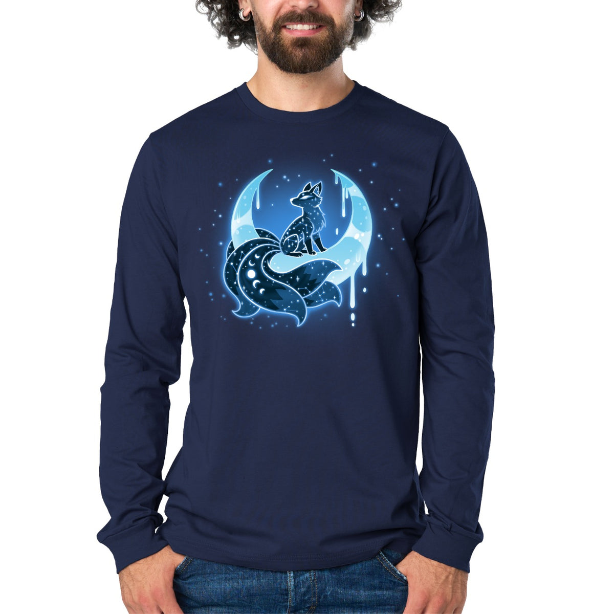 Long Sleeve T-shirt_TeeTurtle navy Lunar Kitsune Long Sleeve T-shirt featuring a glowing blue nine-tailed kitsune beneath a crescent moon, surrounded by stars and dripping moonlight.