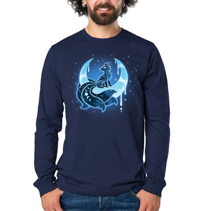 Long Sleeve T-shirt_TeeTurtle navy Lunar Kitsune Long Sleeve T-shirt featuring a glowing blue nine-tailed kitsune beneath a crescent moon, surrounded by stars and dripping moonlight.