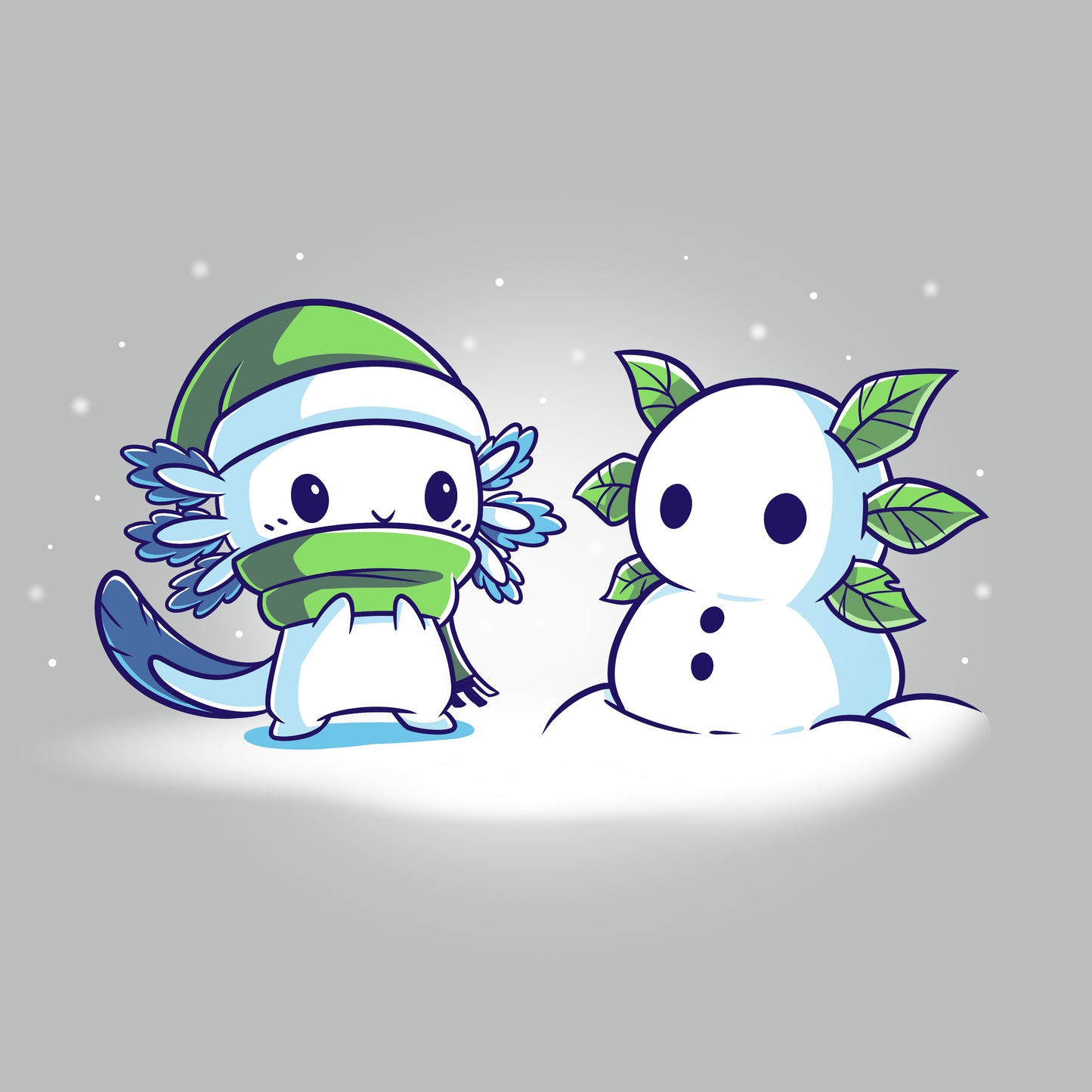 A TeeTurtle Frosty Friend wearing a T-shirt stands next to a snowman and Santa Claus.