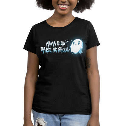 A woman wearing a limited stock Mama Didn't Raise No Ghoul black t-shirt from TeeTurtle.