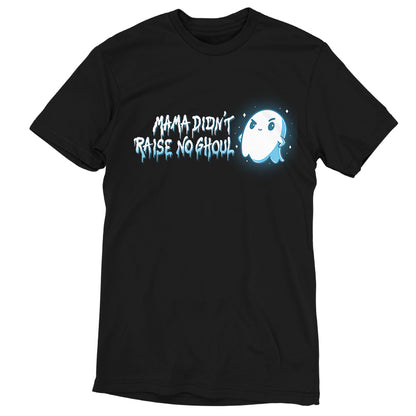 A limited stock black TeeTurtle Ringspun Cotton T-shirt with an image of a ghost called "Mama Didn't Raise No Ghoul".