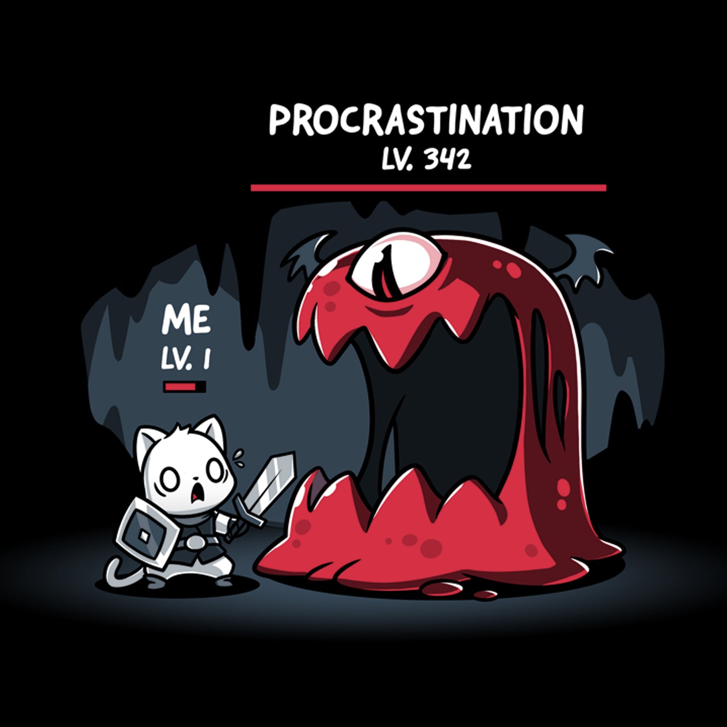 TeeTurtle's Me Vs. Procrastination T-shirt showcases the battle of Me vs. Procrastination.