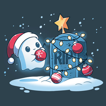 A cartoon ghost wearing a Santa hat and surrounded by festive Christmas decorations, perfect for a TeeTurtle Merry Cryptmas T-shirt.