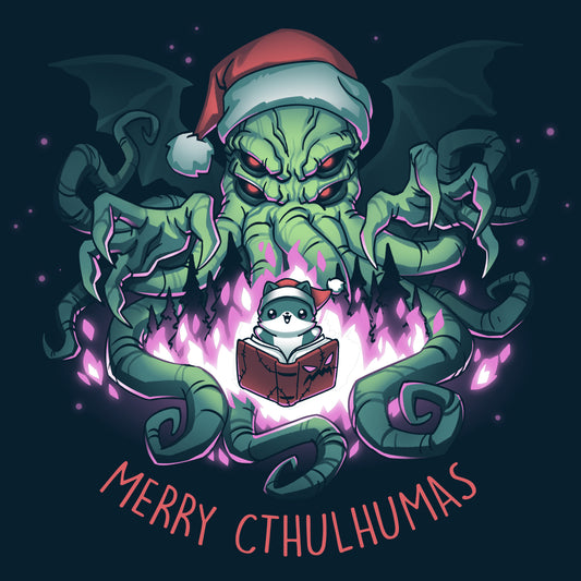 Celebrate Merry Cthulhumas in style with a navy blue t-shirt featuring the iconic cthulhu design by TeeTurtle.