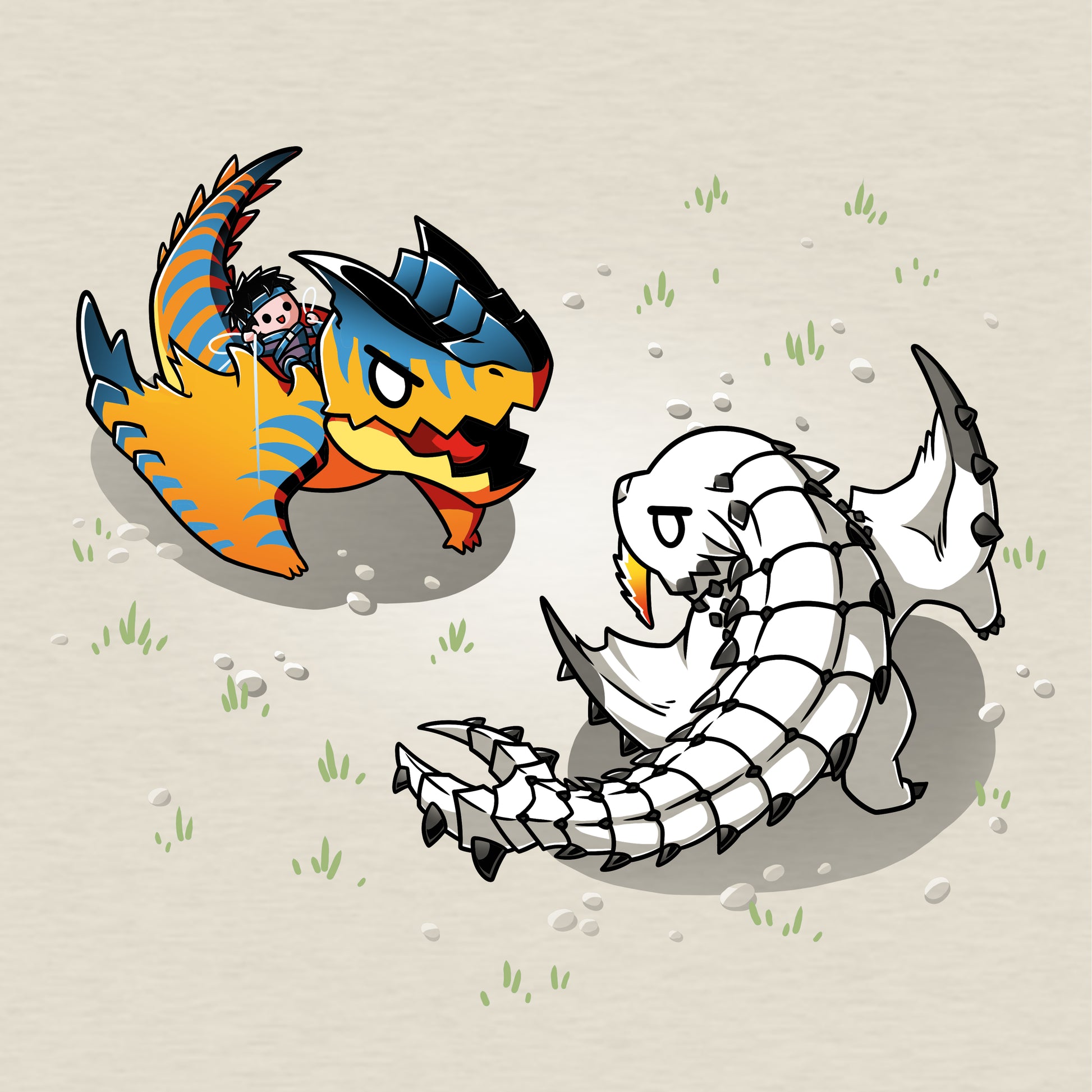 Two officially licensed cartoon characters are fighting each other on the ground, wearing Monster Hunter T-shirts of the Monster Battle brand.