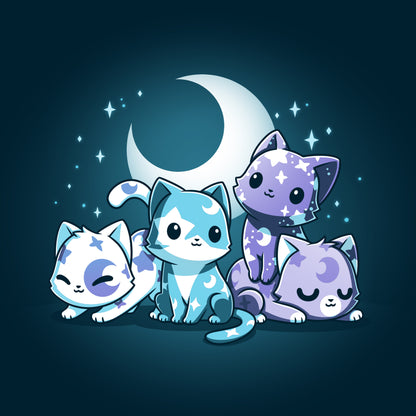 A group of Moon & Star Meows kitties stargazing in front of a moon and stars on a TeeTurtle T-shirt.