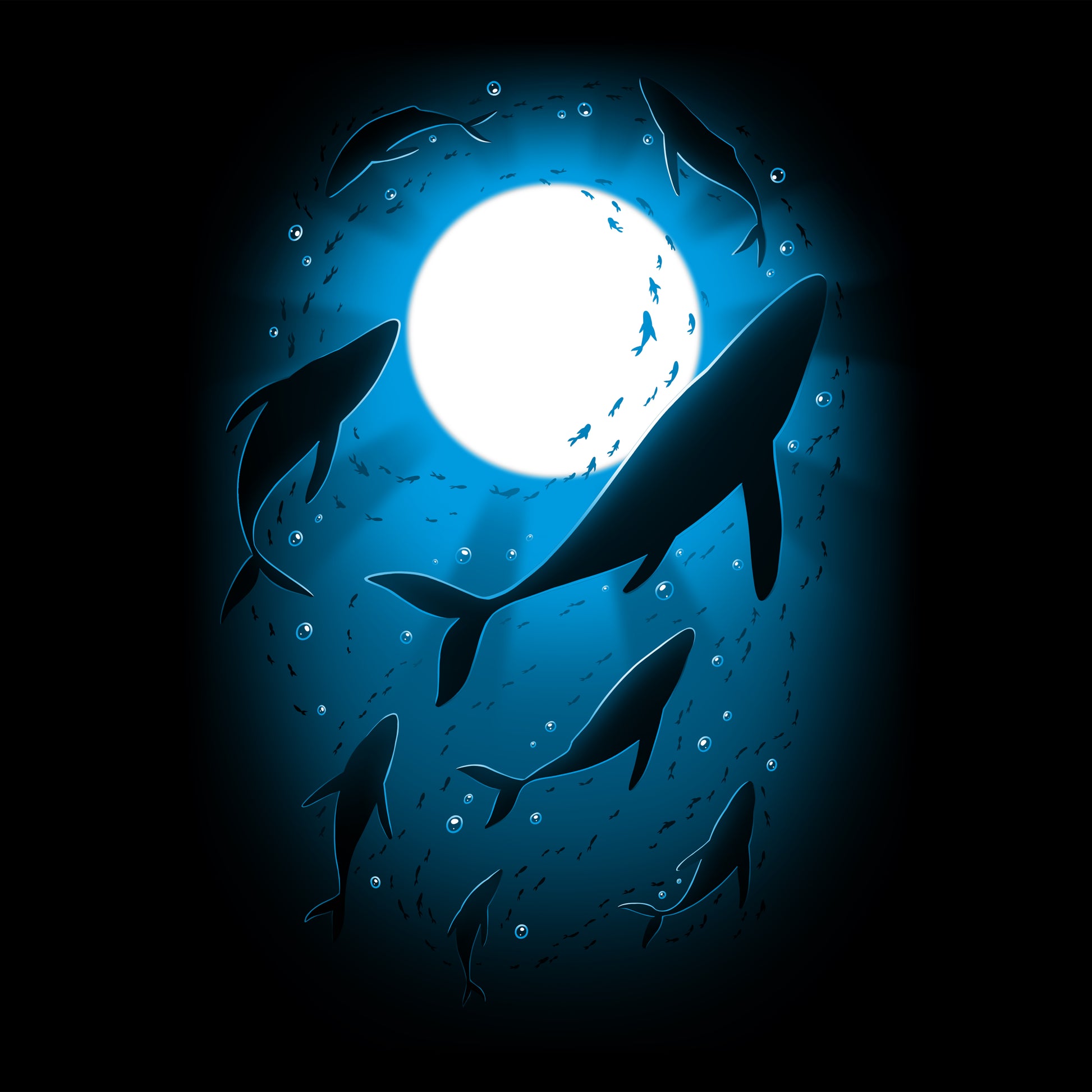 Premium Cotton T-shirt_Teeturtle Moonlight Swim Black Featuring a large pod of whales swimming under the light of the full moon.