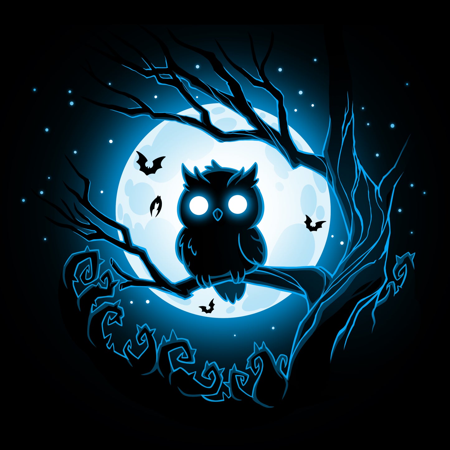 A Moonlit Owl, branded by TeeTurtle, perched on a tree in the moonlight, surrounded by a forest.