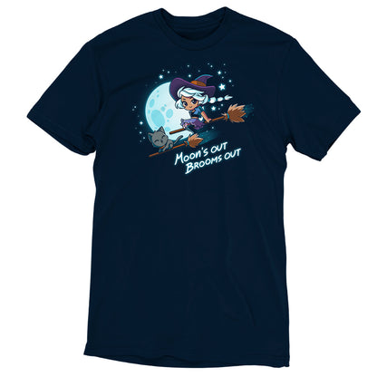 A navy blue Moon’s Out Brooms Out t-shirt with an image of a witch flying on a broom by TeeTurtle.