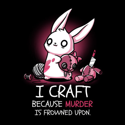 A cartoon bunny holding a voodoo doll, surrounded by crafting materials in a cozy craft room, with the caption 