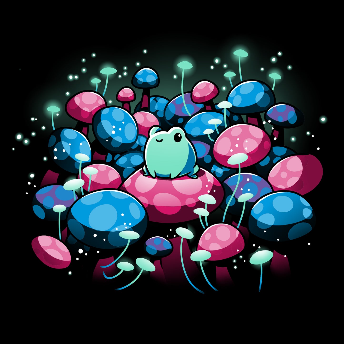 A frog sitting in an enchanted Mushroom Forest wearing a TeeTurtle t-shirt.