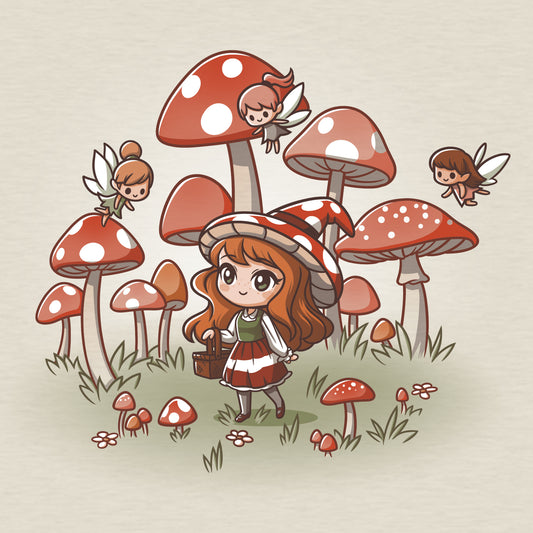 A cottagecore girl in a Mushroom Witch & Fairy Friends T-shirt is standing in a field of mushrooms. [Brand Name: TeeTurtle]