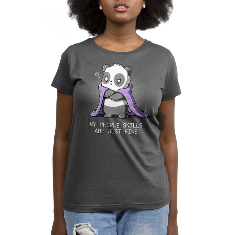 Premium Cotton T-shirt - A person sporting a charcoal gray apparel with a cartoon panda and text that says, "My People Skills Are Just Fine." The apparel, called "My People Skills Are Just Fine" by monsterdigital, is made of super soft ringspun cotton, ensuring maximum comfort.