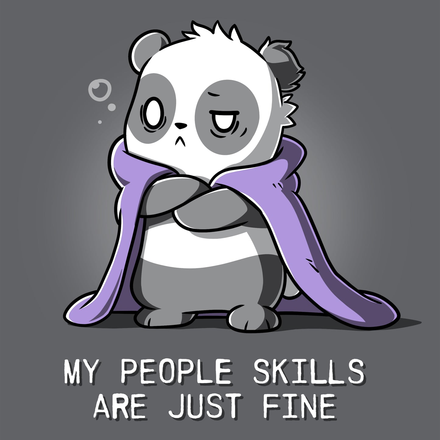 Premium Cotton T-shirt - A cartoon panda stands with a purple cape draped over its shoulders, looking unimpressed. Text below reads, "My People Skills Are Just Fine." This design adorns the My People Skills Are Just Fine super soft ringspun cotton charcoal gray apparel from monsterdigital.