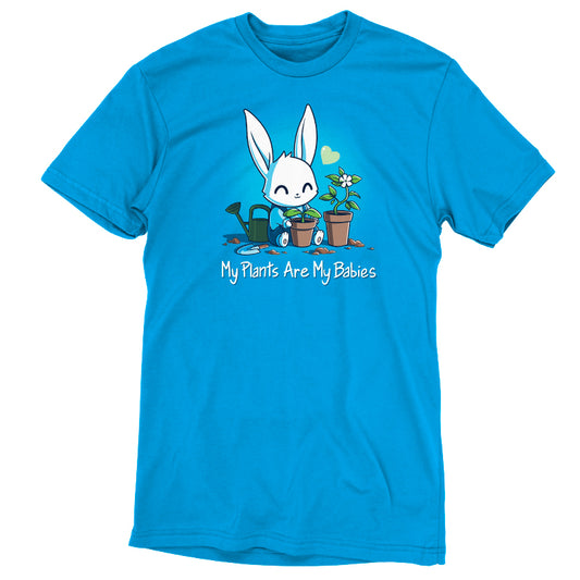 A My Plants Are My Babies t-shirt with an image of a bunny and a flower. (Brand: TeeTurtle)