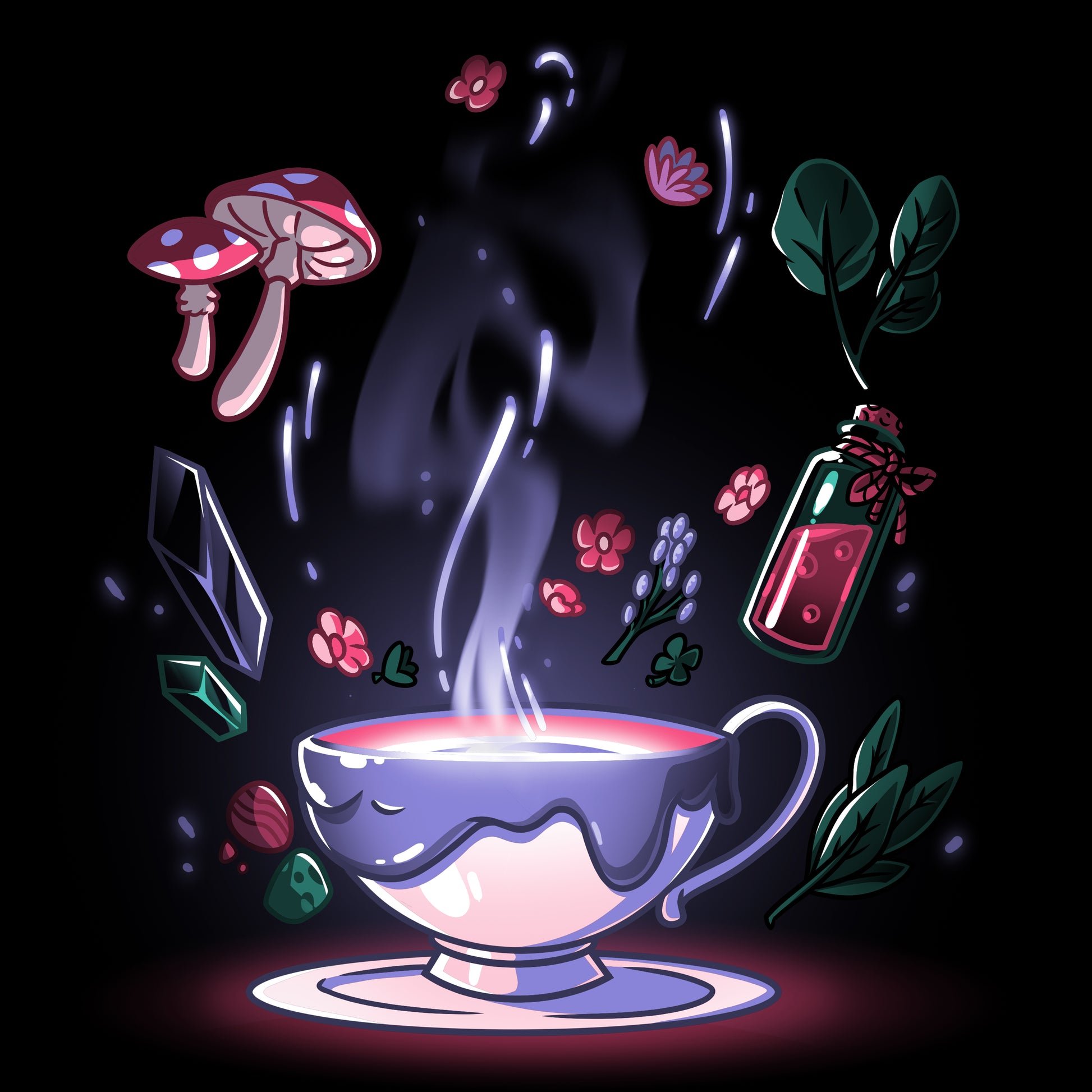 A TeeTurtle black t-shirt featuring an illustration of the Mystic Tea cup with flowers and mushrooms.