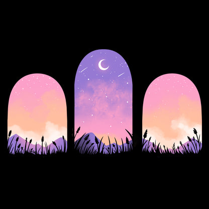 Mystic Triptych beauty shines through three arched windows amidst a picturesque pink sky and grass on TeeTurtle T-shirts.