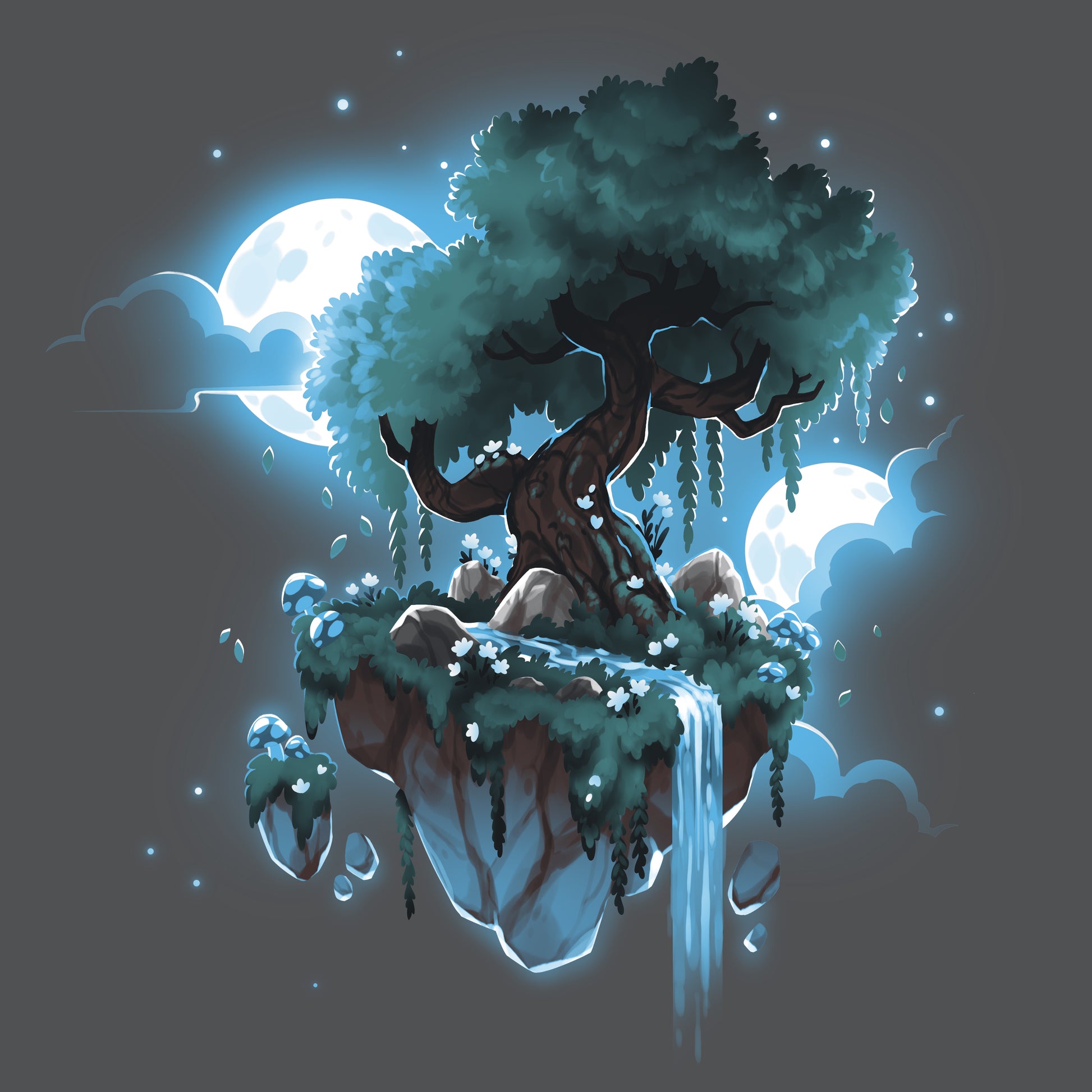 A mystical illustration of an island with a comforting tree, perfect for a TeeTurtle T-shirt design featuring the Mystical Floating Tree.