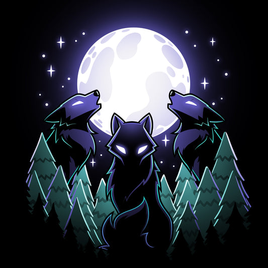 Three wolves howling at the Mystical Moon on a TeeTurtle t-shirt.