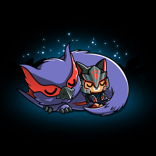 An image of a cat and owl, reminiscent of Nargacuga from the Monster Hunter series, laying on a dark background featuring the Nargacuga & Palico Snuggles by Monster Hunter.
