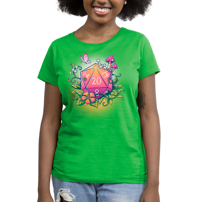 A woman wearing a TeeTurtle apple green t-shirt with an image of a Natural 20 d20.