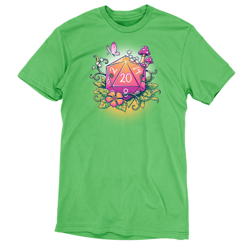 A Natural 20 T-shirt that rolls featuring a TeeTurtle apple green d20 image.