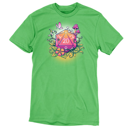 A Natural 20 T-shirt that rolls featuring a TeeTurtle apple green d20 image.