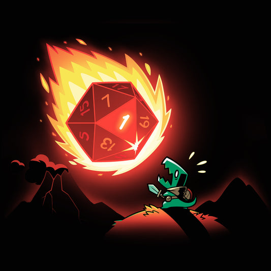 A comfortable black t-shirt featuring TeeTurtle's Natural Disaster design holding a burning d20.
