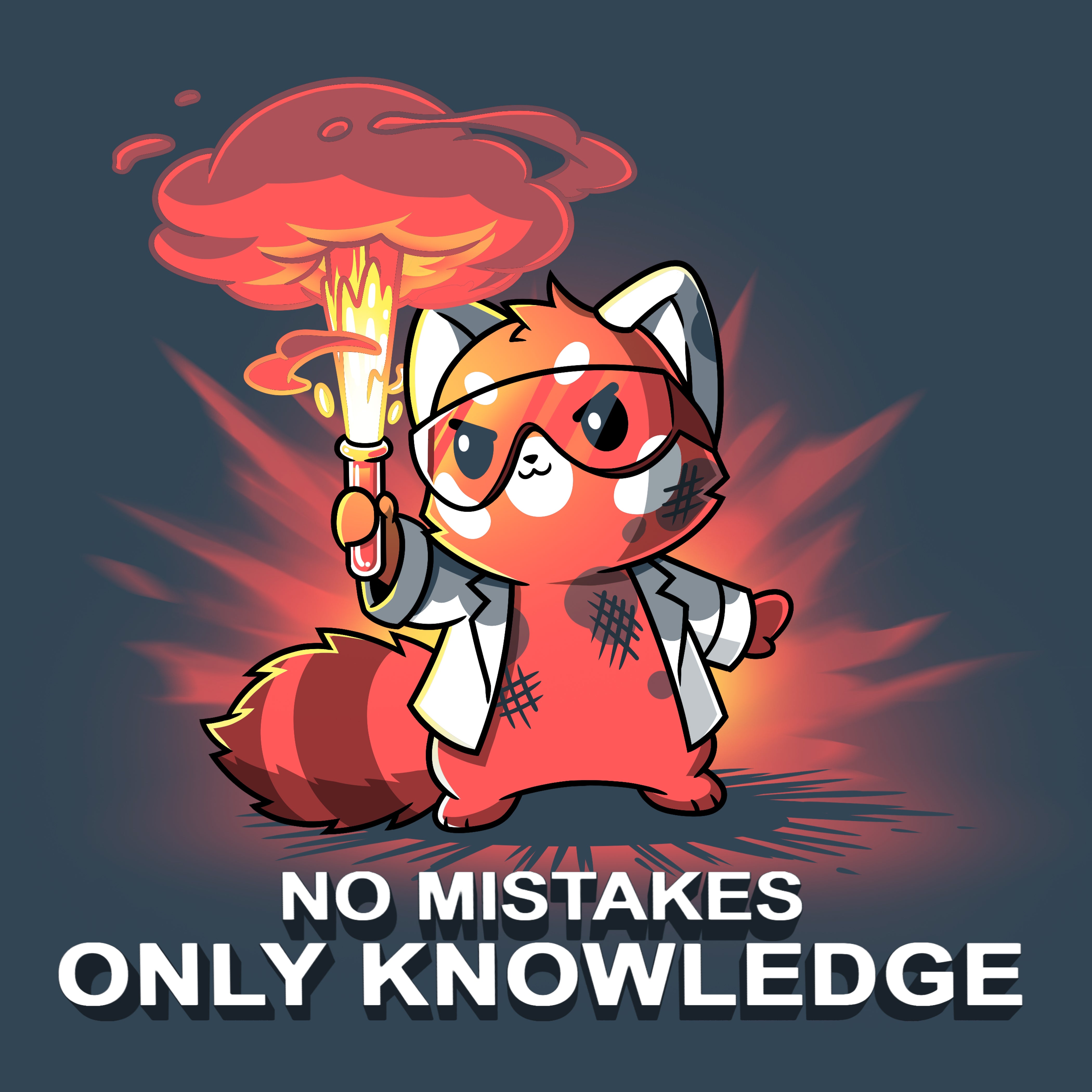 Premium Cotton T-shirt_TeeTurtle No Mistakes, Only Knowledge denim blue t-shirt featuring a red panda in a lab coat holding a flaming test tube with the text 