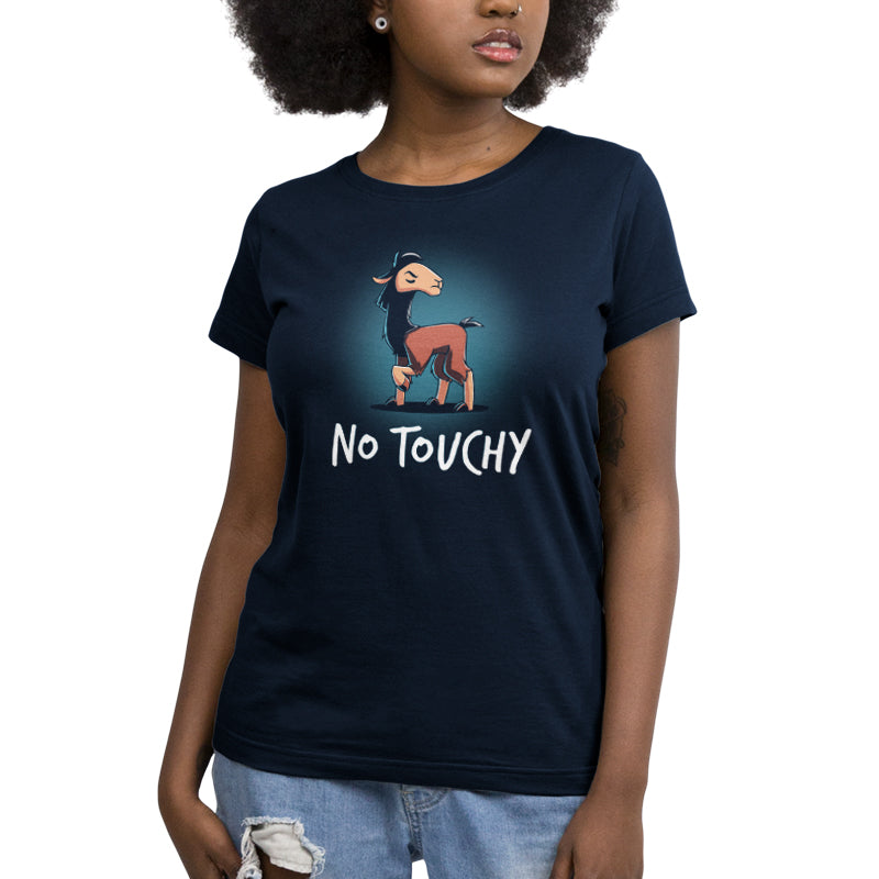 A woman wearing a Disney No Touchy T-shirt.