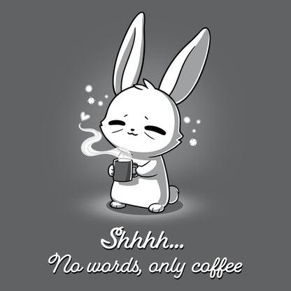 A TeeTurtle No Words, Only Coffee t-shirt featuring a bunny holding a cup of coffee.