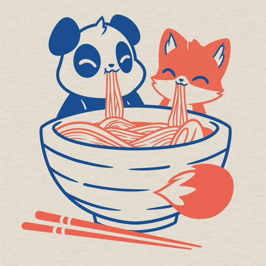 A panda and fox enjoying TeeTurtle's Noodles For Two in a bowl.