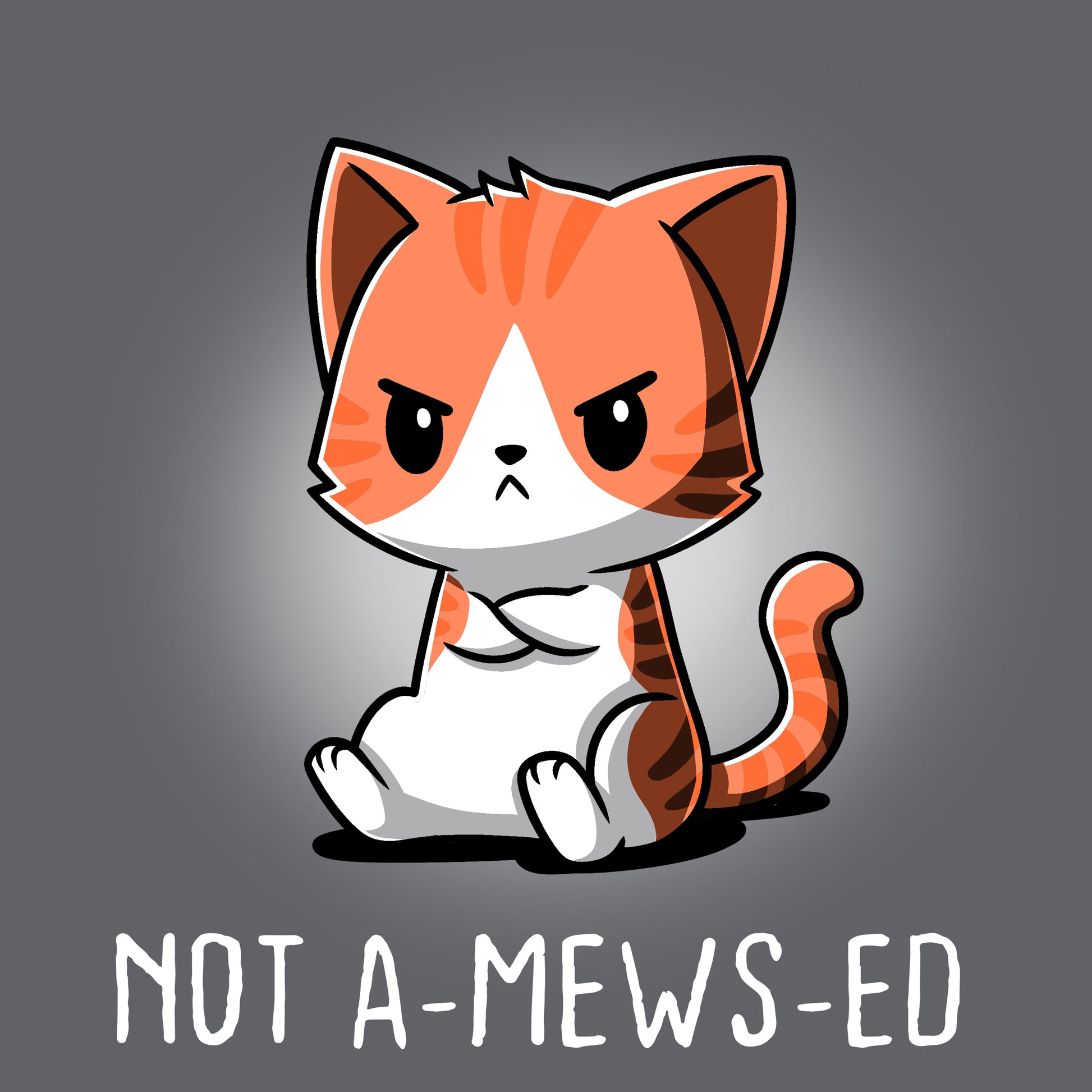 Premium Cotton T-shirt_Teeturtle Not A-Mews-Ed Charcoal Gray Featuring a grumpy, unamused looking tabby cat with its forepaws crossed over its chest and the words 'Not A-Mews-Ed' written beneath.