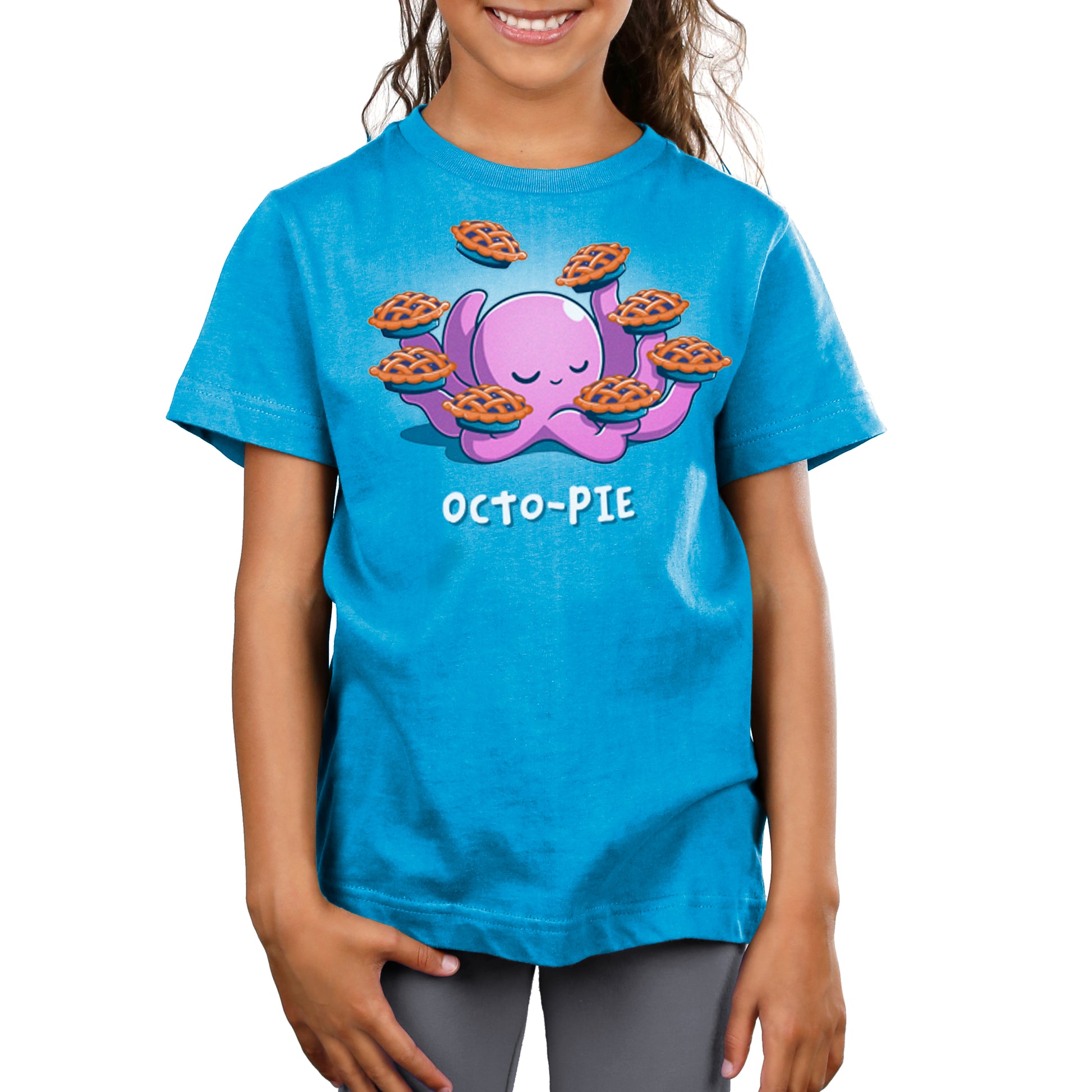 Premium Cotton T-shirt_Teeturtle Octo-Pie cobalt blue t-shirt featuring a cute cartoon octopus holding eight pies in its eight arms with 'Octo-Pie' written beneath.