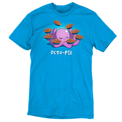 Premium Cotton T-shirt_Teeturtle Octo-Pie cobalt blue t-shirt featuring a cute cartoon octopus holding eight pies in its eight arms with 'Octo-Pie' written beneath.