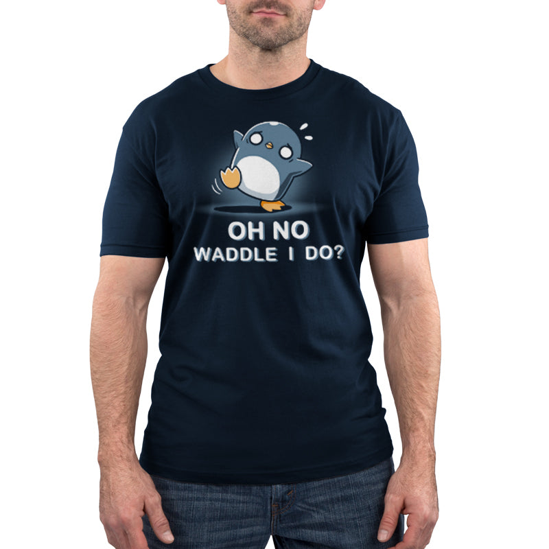 A person wearing a monsterdigital Waddle I Do? super soft ringspin cotton navy blue tee featuring a cartoon penguin and the text "Oh no, waddle I do?