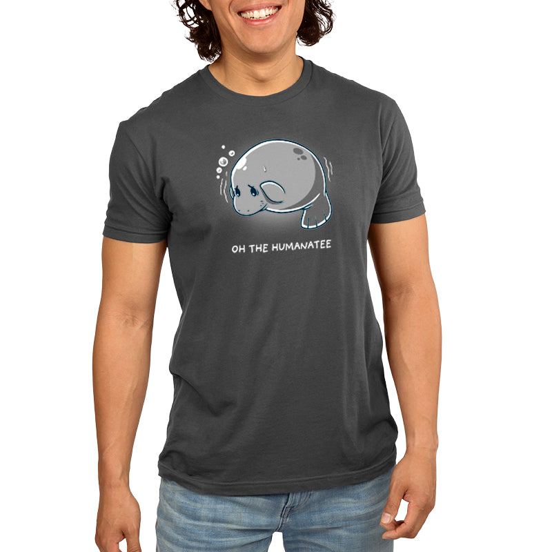A man wearing a gray Oh the Humanatee t-shirt from TeeTurtle with a dramatic seal on it.