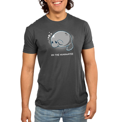 A man wearing a gray Oh the Humanatee t-shirt from TeeTurtle with a dramatic seal on it.